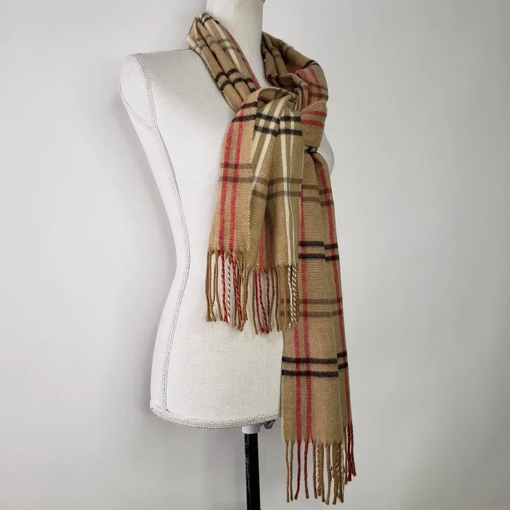 Cejon Women’s Plaid tan, red, black, cream Long Fringe Neck Scarf Warm Soft Wrap
